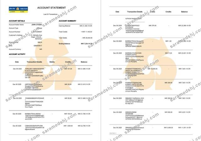 Indian Bank Allahabad account statement Word and PDF template, 2 pages